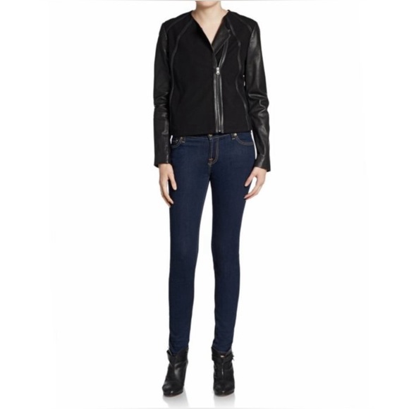 VINCE Designer Beautiful Soft Lamb Leather Contrast Point Black MOTO Jacket - Picture 3 of 15